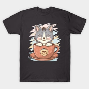 A grinning cat sipping coffee from a stylish mug T-Shirt